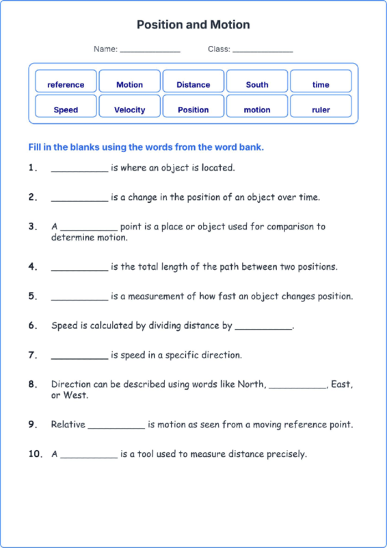 Position and Motion TEKS 4.7 B Grade 4 science fill in the blanks worksheets.