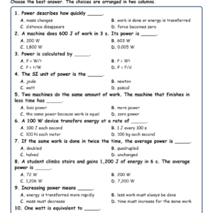 Power and Rate of Energy Transfer MCQ Fill Written Exit Tickets Worksheet TE.