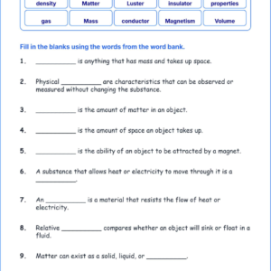 Properties of Matter TEKS 4.6 A Grade 4 science fill in the blanks worksheets.