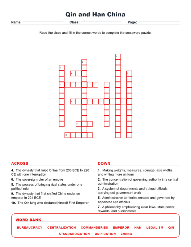 Qin and Han China Crossword Worksheets.