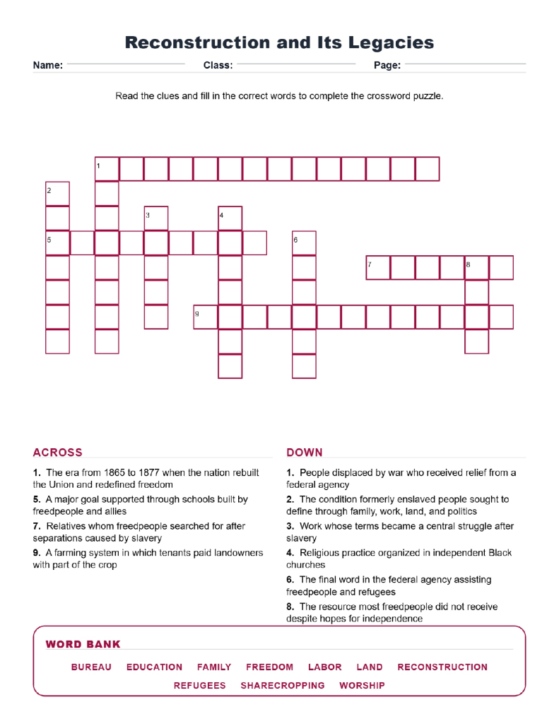 Reconstruction and Its Legacies (Crossword Worksheets) Early US History Grade 8 Unit 6.