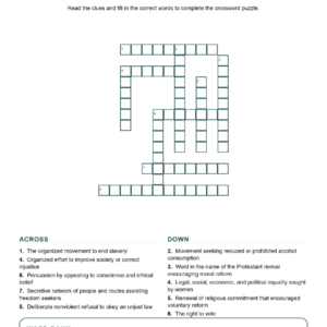 Reform Abolition and Womens Rights Crossword US History Worksheets.