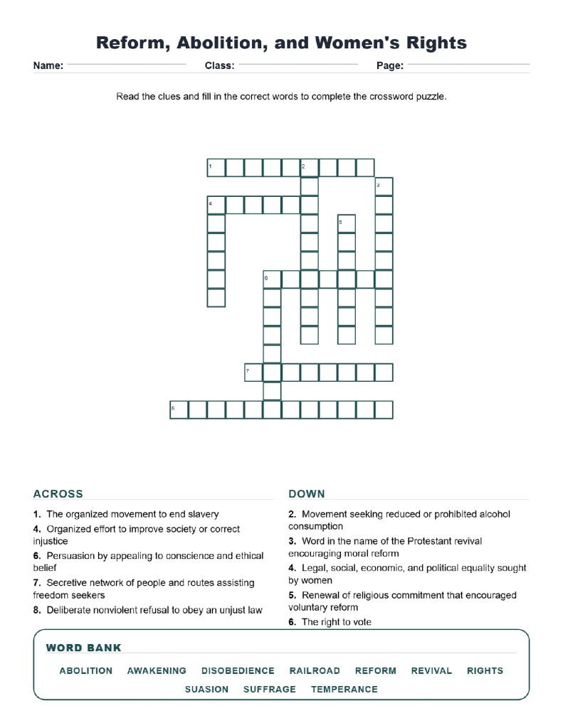 Reform Abolition and Womens Rights Crossword US History Worksheets.