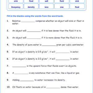 Relative Density of Materials TEKS 4.6 A Grade 4 science fill in the blanks worksheets.