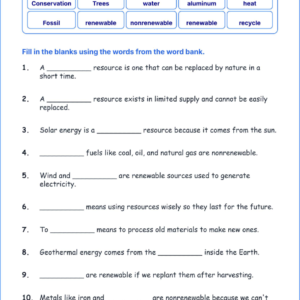 Renewable and Nonrenewable Resources TEKS 4.9 B Grade 4 science fill in the blanks worksheets.