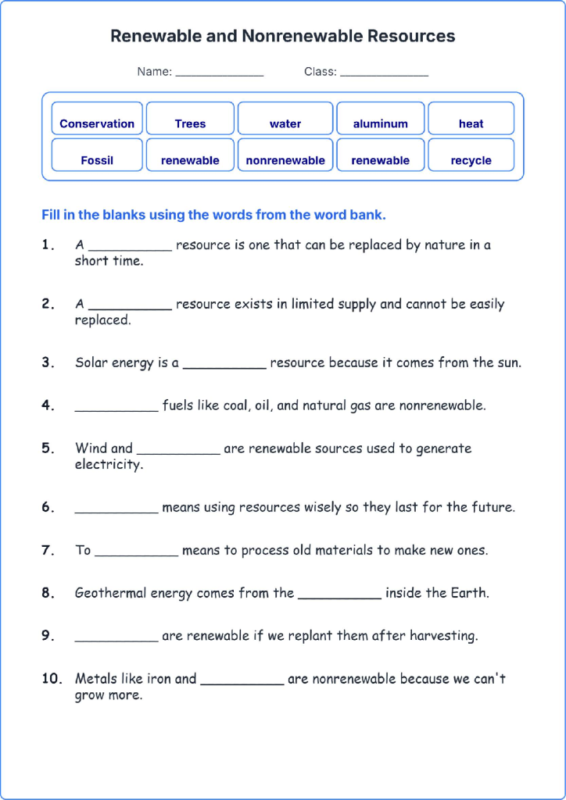 Renewable and Nonrenewable Resources TEKS 4.9 B Grade 4 science fill in the blanks worksheets.