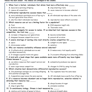 Resources and Differential Reproductive Success MCQ Fill Written Exit Ticket