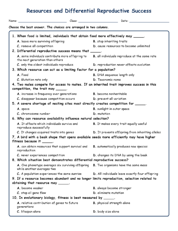 Resources and Differential Reproductive Success MCQ Fill Written Exit Ticket