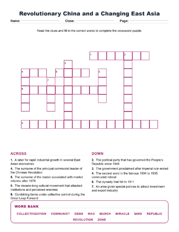 Revolutionary China and a Changing East Asia (Crossword Worksheets) World History Grades 9 to 10 Unit 6.