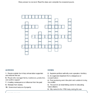 Revolutionary Experiences Peace and Change Grade 8 Crossword US History Worksheets.