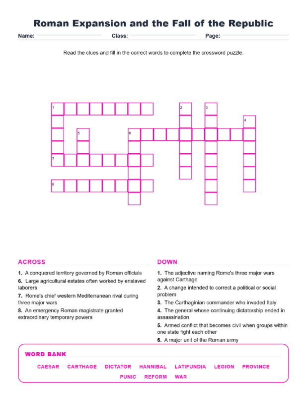 Roman Expansion and the Fall of the Republic (Crossword Worksheets) World History Unit 6.