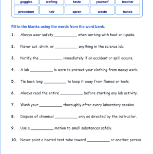 Safe Practices in the Science Classroom TEKS 4.1 C Grade 4 science fill in the blanks worksheets.