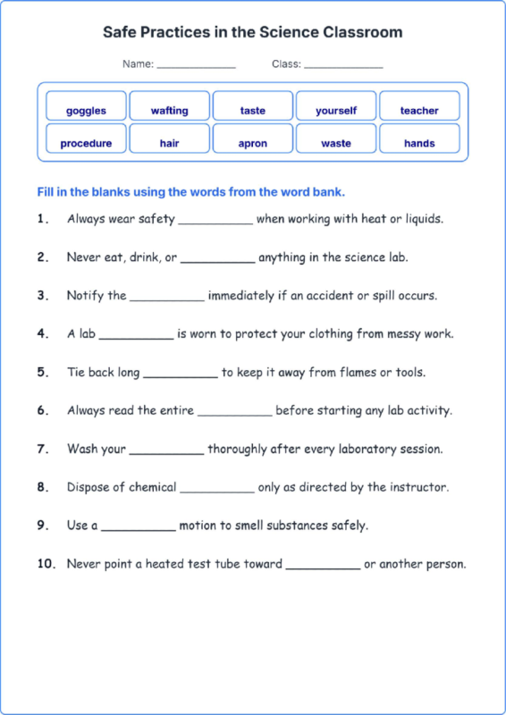 Safe Practices in the Science Classroom TEKS 4.1 C Grade 4 science fill in the blanks worksheets.