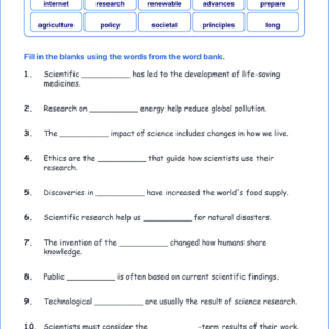 Science and Its Impact on Society TEKS 4.4 A Grade 4 science fill in the blanks worksheets.