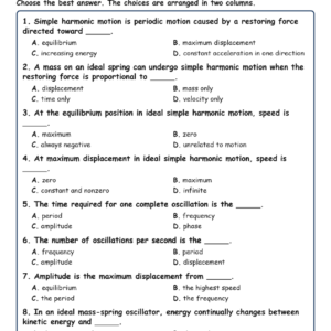 Simple Harmonic Motion Fill MCQ Written Exit Tickets Worksheet TEKS Physics.