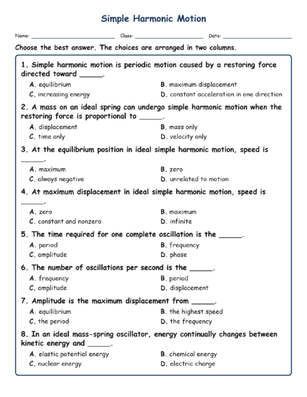 Simple Harmonic Motion Fill MCQ Written Exit Tickets Worksheet TEKS Physics.