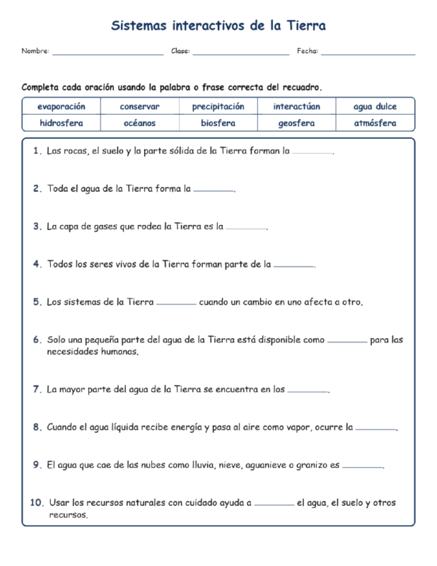 Sistemas interactivos de la Tierra Completar MCQ Escritas Salida Hojas NGSS G5