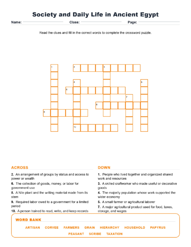 Society and Daily Life in Ancient Egypt (Crossword Worksheets) Unit 3.