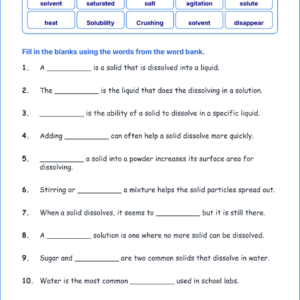 Solids Dissolved in Liquids TEKS 4.6 B Grade 4 science fill in the blanks worksheets.