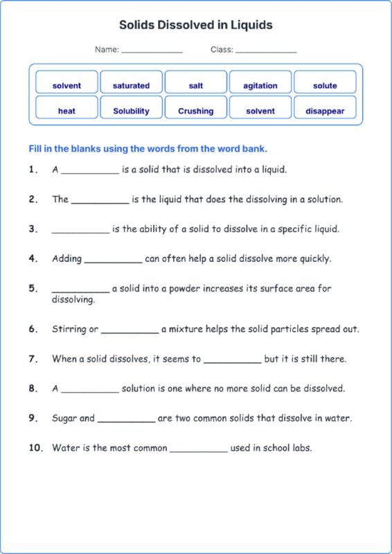 Solids Dissolved in Liquids TEKS 4.6 B Grade 4 science fill in the blanks worksheets.