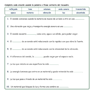 Sonido y Luz Fill MCQ Written Exit Tickets Worksheet NGSS Grado4