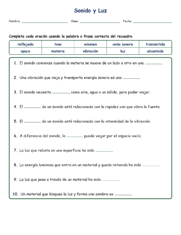 Sonido y Luz Fill MCQ Written Exit Tickets Worksheet NGSS Grado4