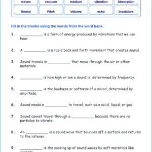 Sound Energy in Everyday Life TEKS 4.8 A Grade 4 science fill in the blanks worksheets.