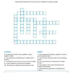 South America (Crossword Worksheets) Geography Grades 6-7 Unit 2.