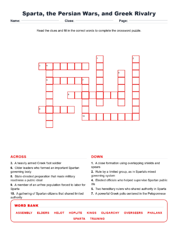 Sparta Persian Wars and Greek Rivalry Crossword Worksheets.