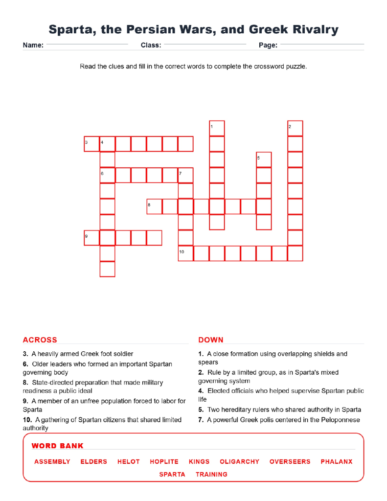 Sparta Persian Wars and Greek Rivalry Crossword Worksheets.
