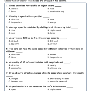 Speed and Velocity MCQs Fill Written Exit Tickets Worksheet TEKS Physics.