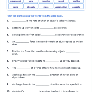 Speeding Up and Slowing Down TEKS 4.7 B Grade 4 science fill in the blanks worksheets.