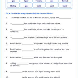 States of Matter TEKS 4.6 A Grade 4 science fill in the blanks worksheets.
