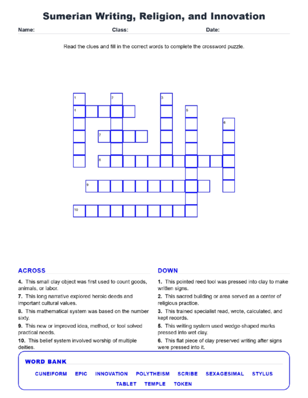 Sumerian Writing Religion Innovation Crossword Worksheets Unit 2.