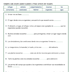 Supervivencia de los Or Fill MCQ Written Exit Tickets Worksheet NGSS Grado 3