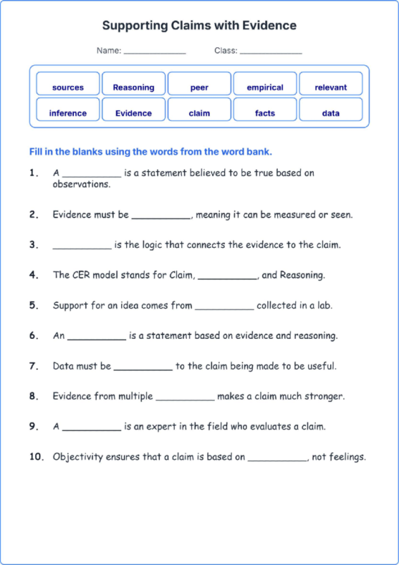 Supporting Claims with Evidence TEKS 4.3 C Grade 4 science fill in the blanks worksheets.