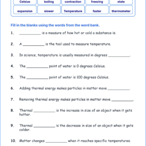Temperature and Matter TEKS 4.6 A Grade 4 science fill in the blanks worksheets.