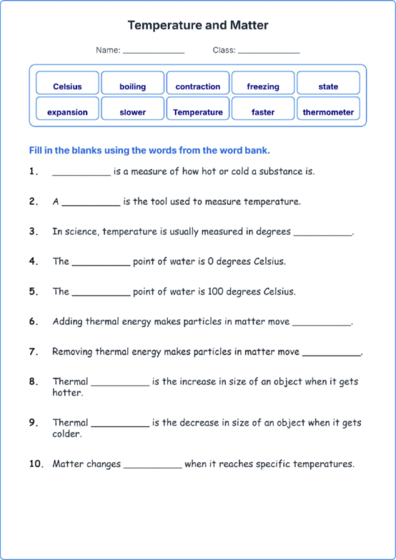 Temperature and Matter TEKS 4.6 A Grade 4 science fill in the blanks worksheets.