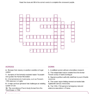 The American French and Haitian Revolutions Crossword World History Worksheets.