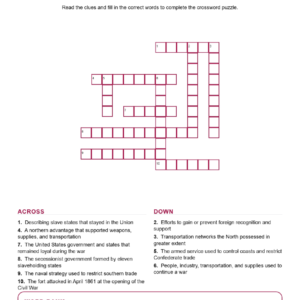The Civil War and Emancipation (Crossword Worksheets) Early US History Grade 8 Unit 6.