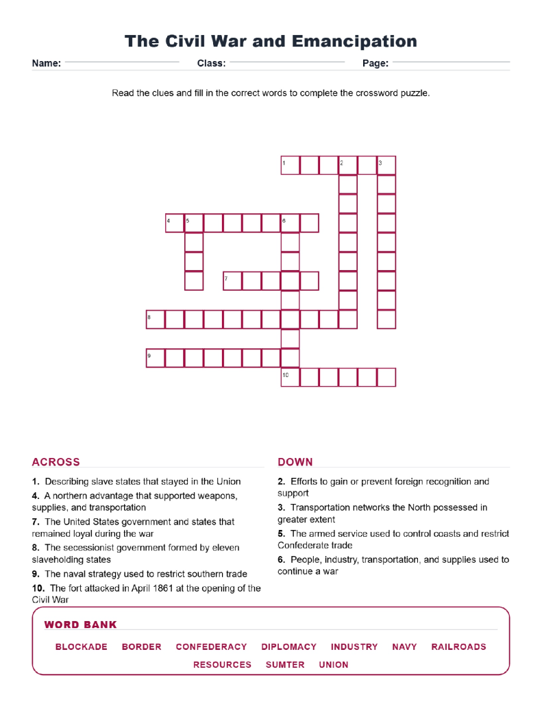 The Civil War and Emancipation (Crossword Worksheets) Early US History Grade 8 Unit 6.