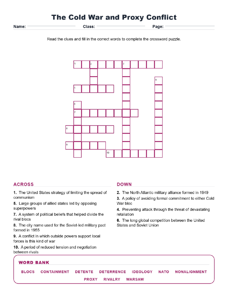 The Cold War and Proxy Conflict (Crossword Worksheets) World History Grades 9 to 10 Unit 6.