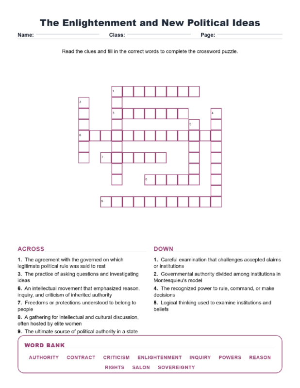 The Enlightenment and New Political Ideas Crossword World History Worksheets.
