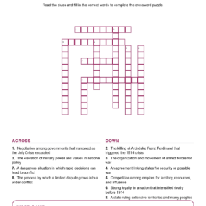 The First World War Crossword World History Worksheets Grades 9 10.