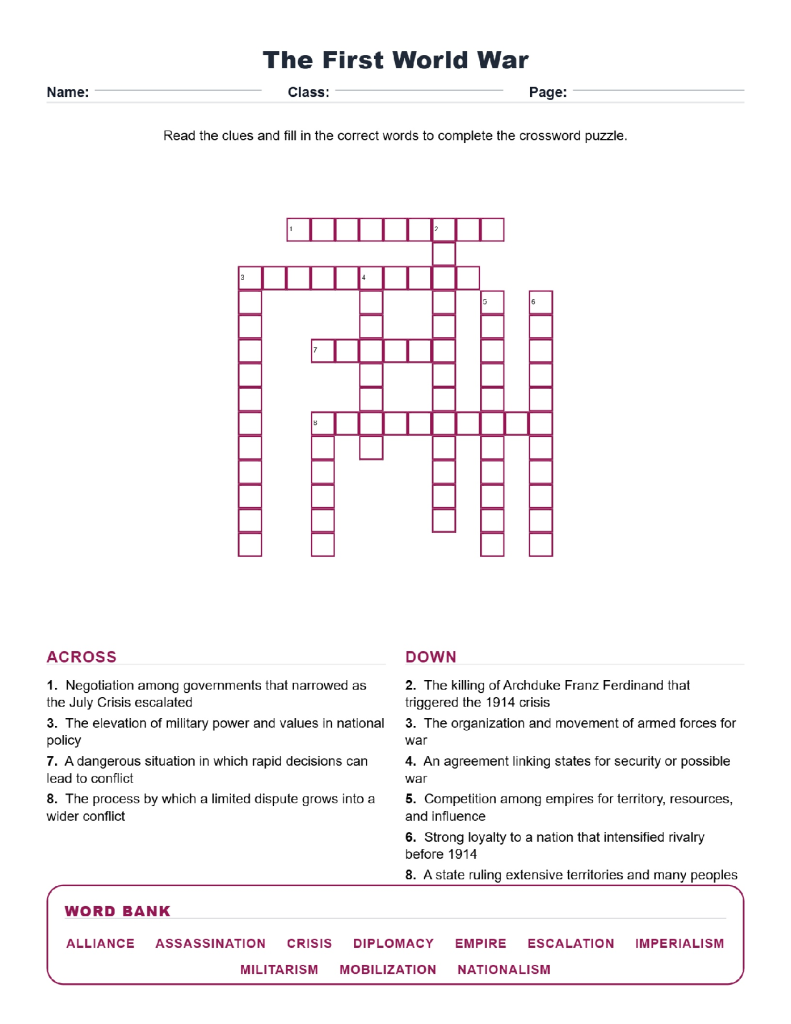 The First World War Crossword World History Worksheets Grades 9 10.