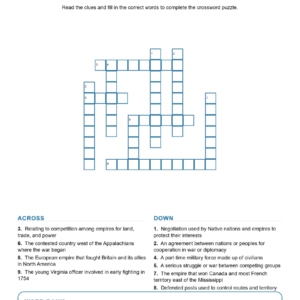 The French and Indian War Crossword US History Worksheets.