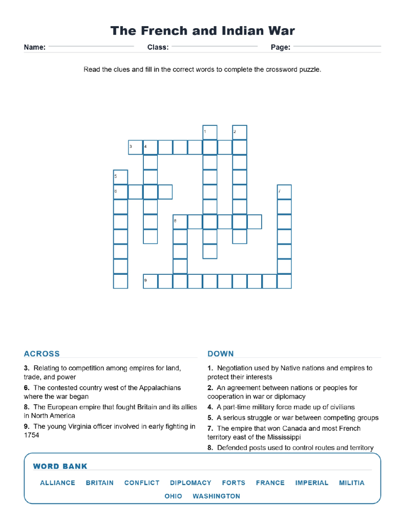 The French and Indian War Crossword US History Worksheets.