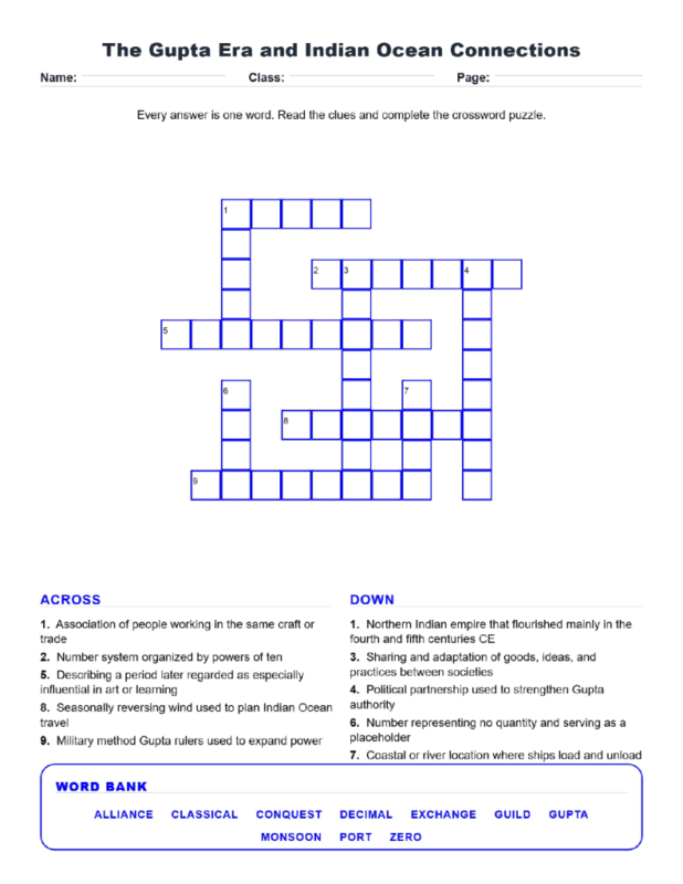 The Gupta Era and Indian Ocean Connections (Crossword Worksheets) World History Unit 4.