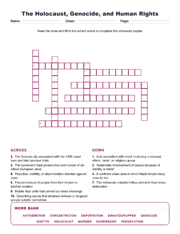 The Holocaust Genocide and Human Rights Crossword World History Worksheets.