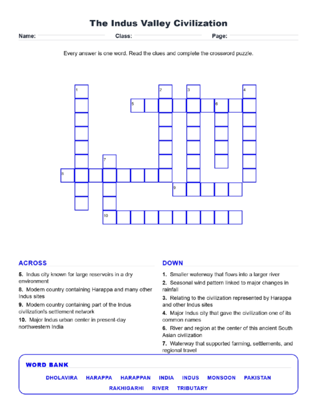 The Indus Valley Civilization (Crossword Worksheets) World History Unit 4.